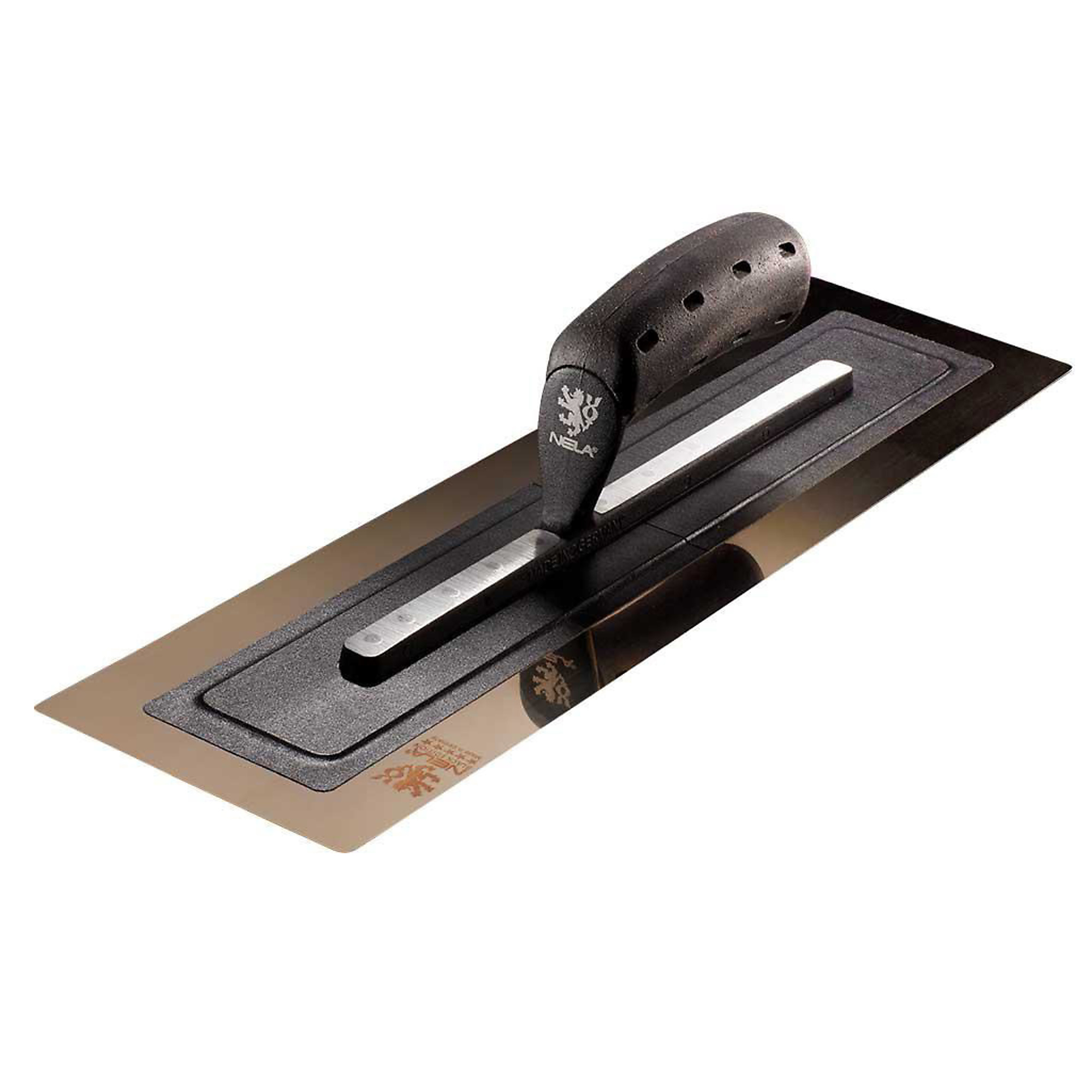 NELA Black Edition Golden Stainless-Steel Finishing Trowel — 18in. x 4-3/4in., Cork Handle, Rounded Edges, Ultra-Lightweight, Model# NELBLK18